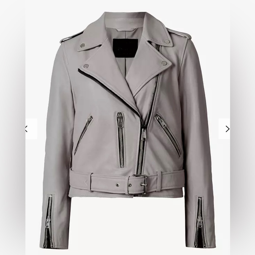 All Saints Gray Leather Moto Jacket with Asymmetrical Zipper